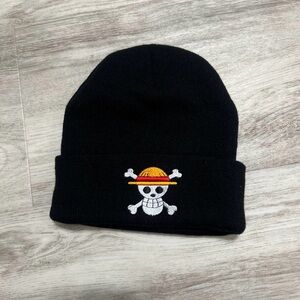 Onepiece Black Beanie with Embroidered Straw Hat Skull Logo